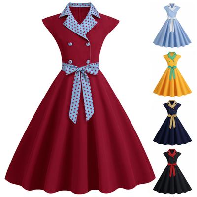 Women's Professional Dresses Retro Notched Neck Polka Dot Patchwork Double Breasted Large Swing Dress