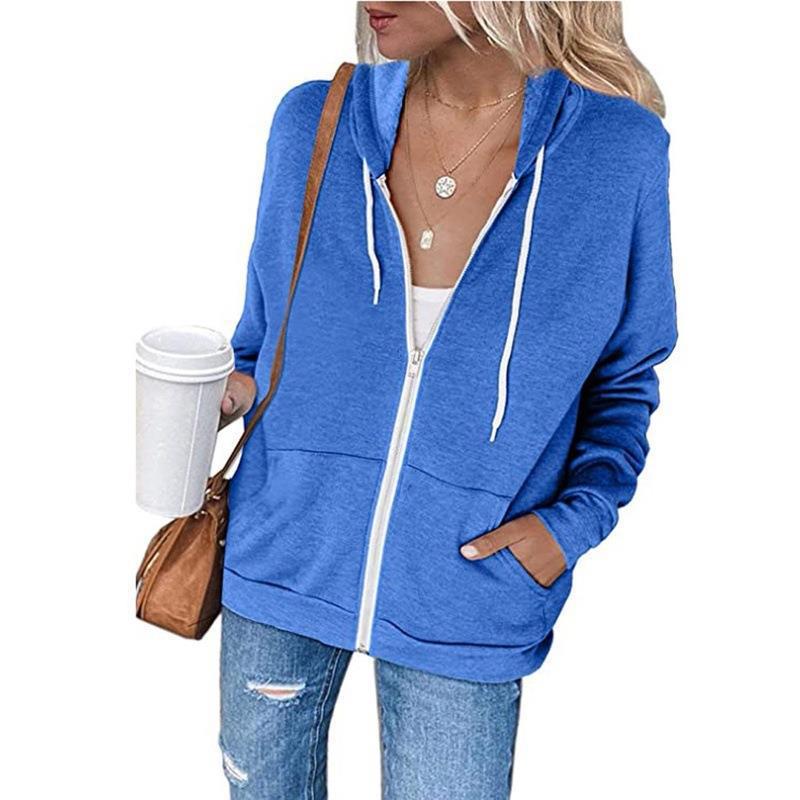 Women S Solid Color Long Sleeve Hooded Zip Up Sweatshirt With Pockets Drawstring
