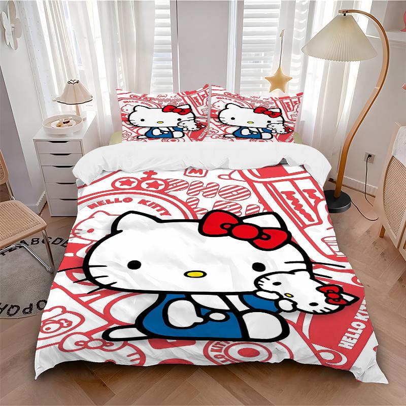 3pcs Cute Hello Kitty Design Printed Quilt Set Soft and Comfortable Quilt Cover for Bedroom, Guest Room Bedding Set W022