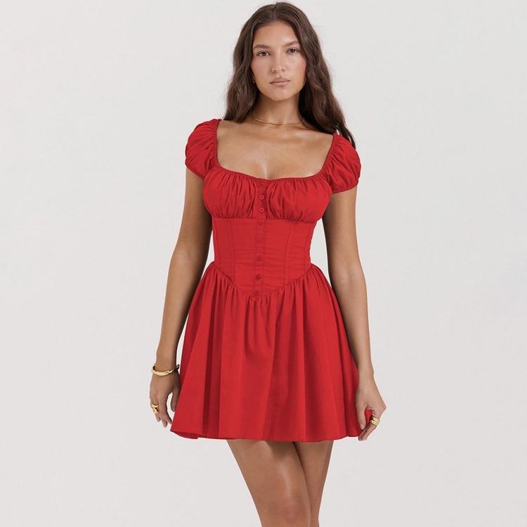 Damen Sommer Einfarbige Knielange Faltenkleid Mode Quadratischer Ausschnitt