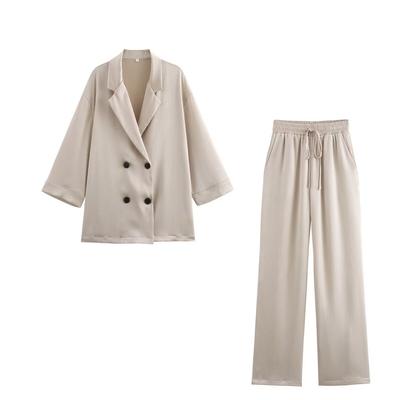 Women's Summer Double-breasted Long-sleeved Jacket + Pants Two-piece Suit Solid Color Leisure Suit