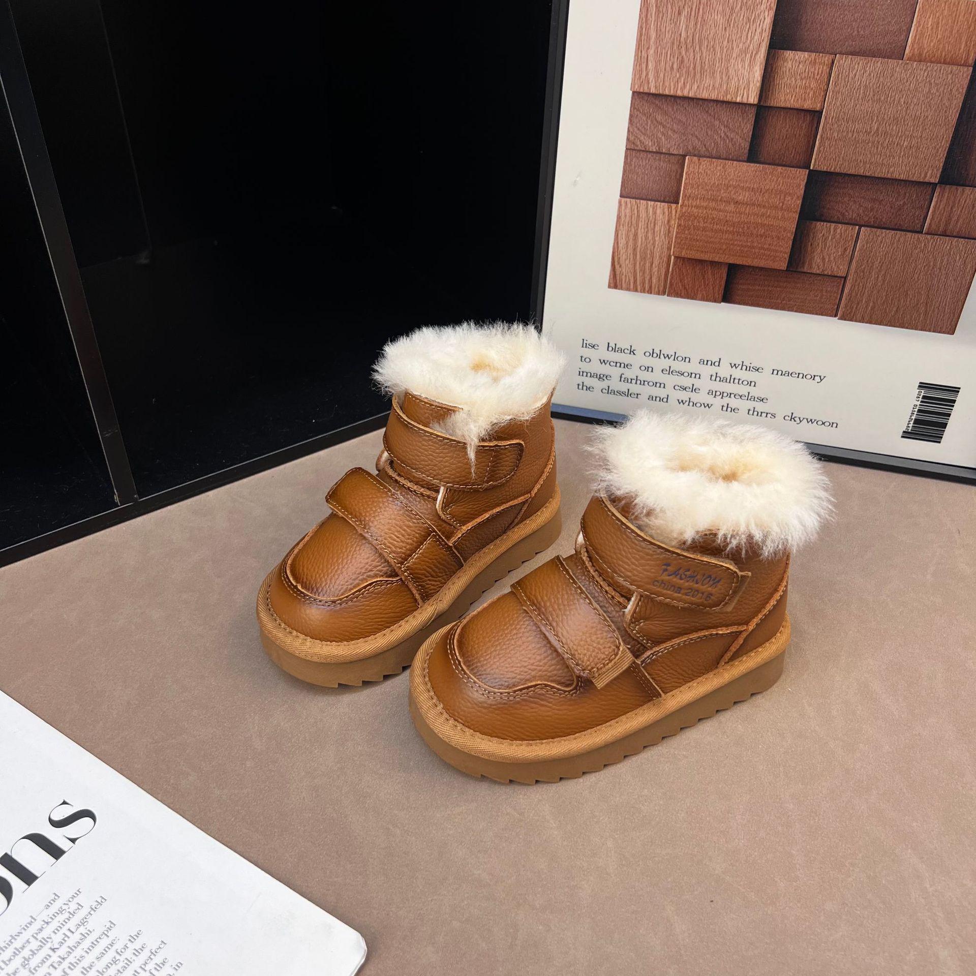 Детские водонепроницаемые кожаные снегоступы 2025: Зимние теплые ботинки для мальчиков и девочек 29 коричневый