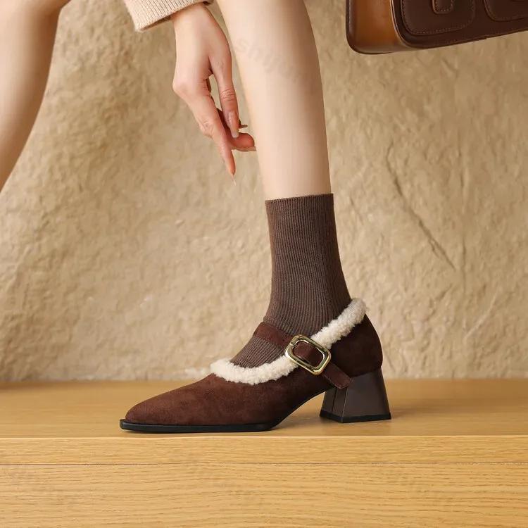 Fashion Elegant Metal Buckle Mary Janes Woman 2025 New Chic Design Fur Thick Heel Dress Shoes Ladies Winter Warm Plush Belt Pump Zapatos