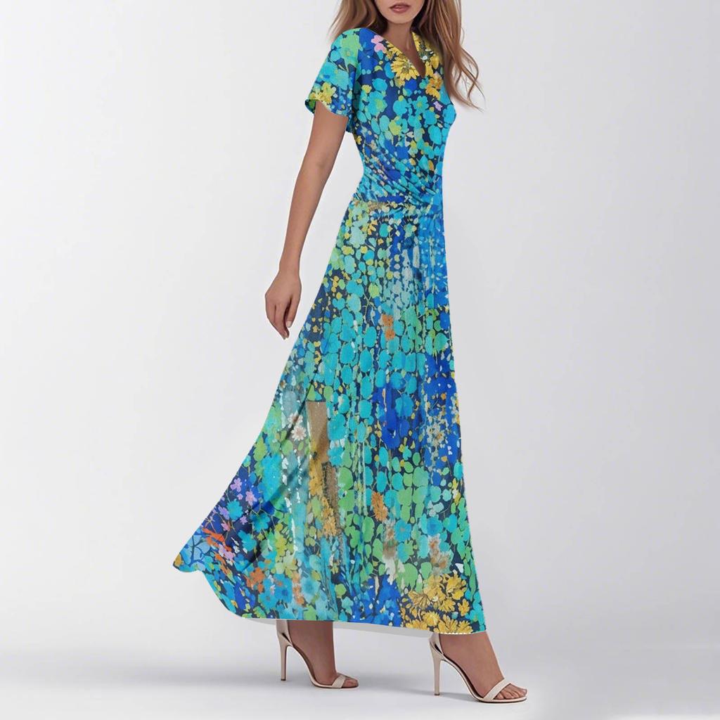 Robe Longue Maxi Florale Décontractée pour Femme, Col en V, Manches Courtes, Légère, avec Jupe Fluide pour un Usage Quotidien