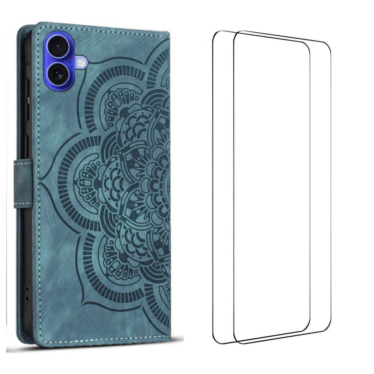 

For iPhone 17 Case with 2Pcs Tempered Glass WANLONFENG MTL Series Mandala Leather Phone Cover Blue