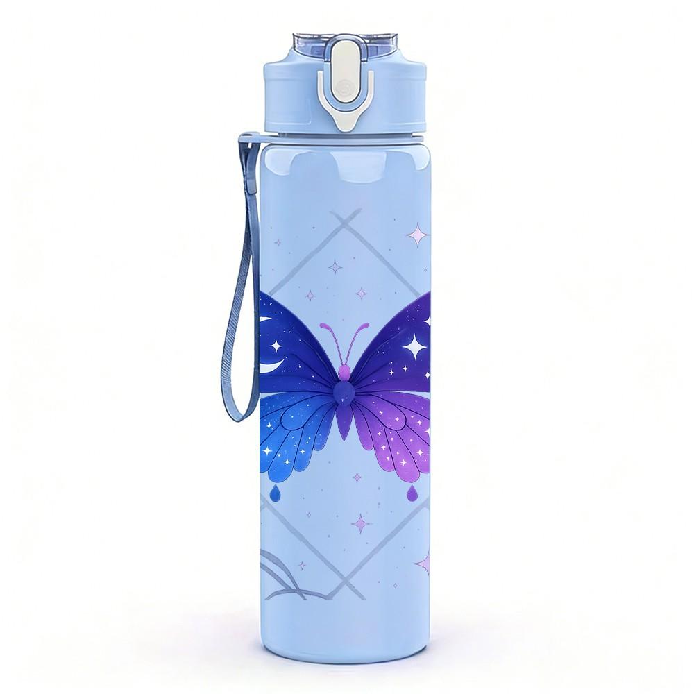 1PC Dark Purple Glowing Butterfly Magic Print 750ml Color Plastic Sports Water Bottle Leakproof Flip Straw Lid Suitable for Sports Office Home Use