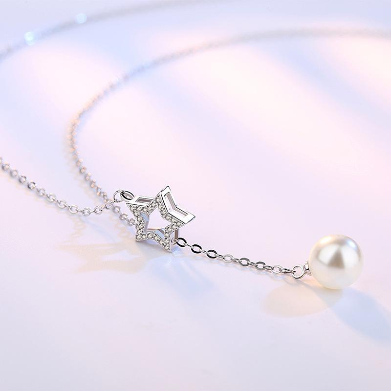 Celasm Chain Simple Zircon Inlaid Pentagon Pending Star Moon Pearl Necklace