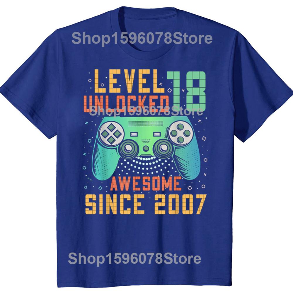 Funny Level 18 Unlocked 18th 18 Year Old Boy Gaming Graphic 2007 T Shirts Men Cotton Humor Streetwear Unisex Loose Clothing