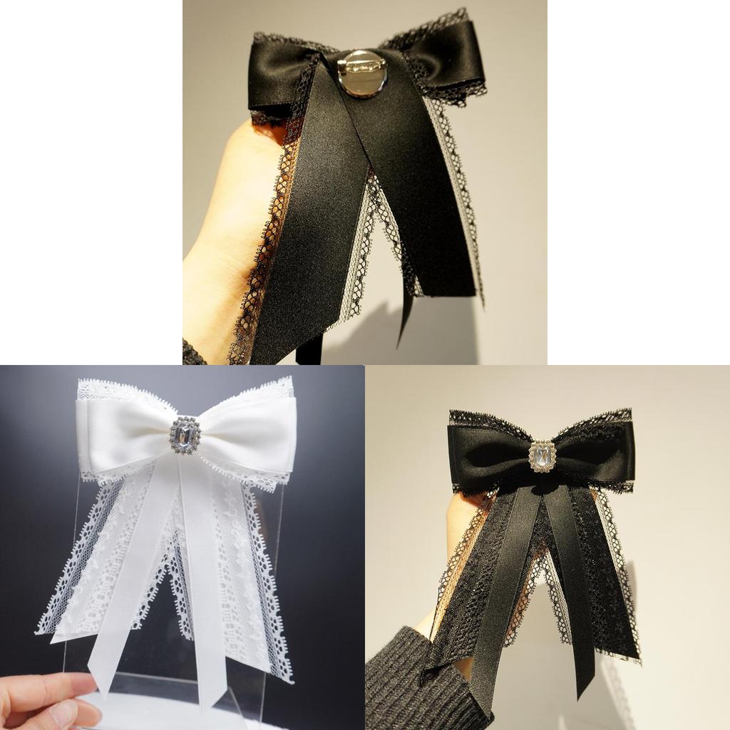 Black Lace Bow Tie With Rhinestone Brooch For Womens Fashion Accessories