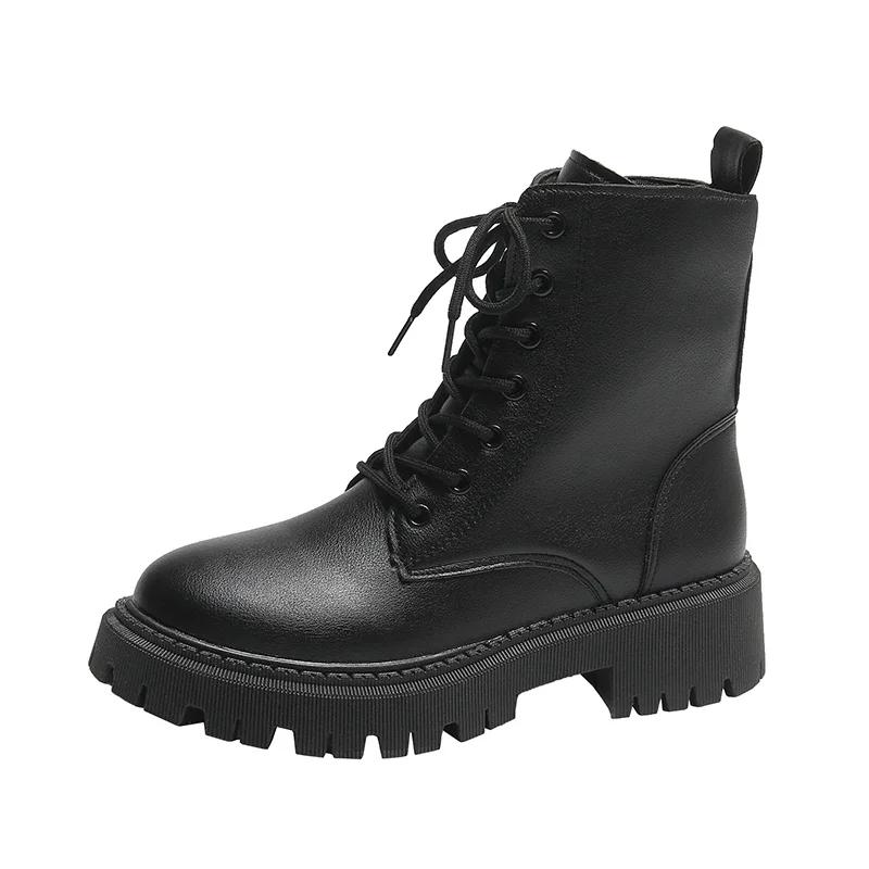 Fashion Autumn Winter Woman Ankle Boots Thick Plush Warm PU Leather Booties Woman Fashion Non Slip Lace Up Short Boots Plus Size