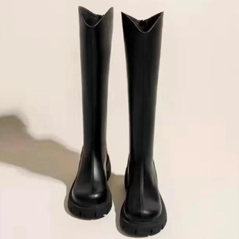 Fashion Ladies Knee High Shaft Shoes Black Round Toe Women's Long Boots Middle Heel Leather Designer Luxury Large Size Warm Quality Boot