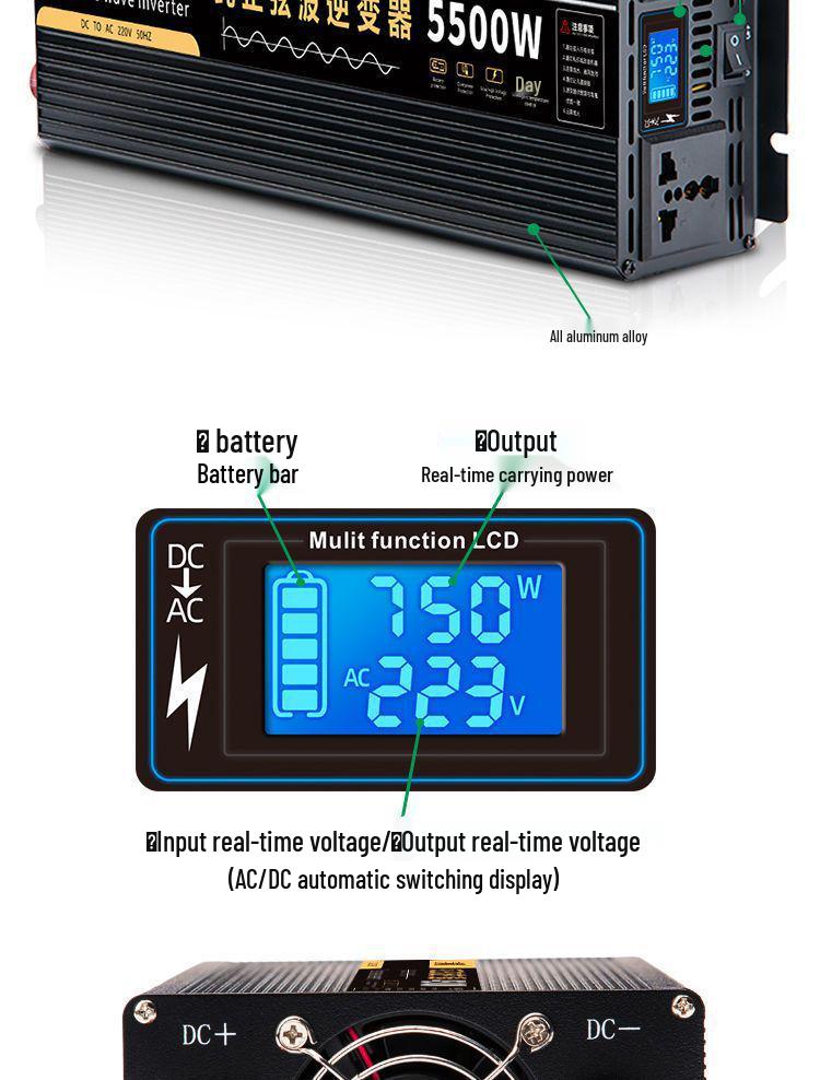 High-Power Pure Sine Wave Car Inverter: 12V/24V to 220V for Vehicle and Household Battery Conversion