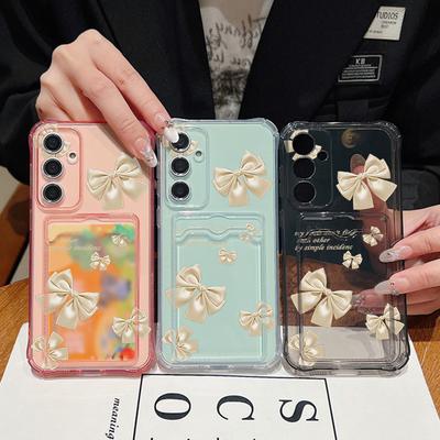 Custodia Antiurto con Motivo a Fiocco e Fessura per Carte Trasparente per Samsung S25 S24 FE S23 Ultra S22 A56 A36 A55 A16 A06 A05 A15 A26 Cover Sottile in Silicone Morbido per Telefono