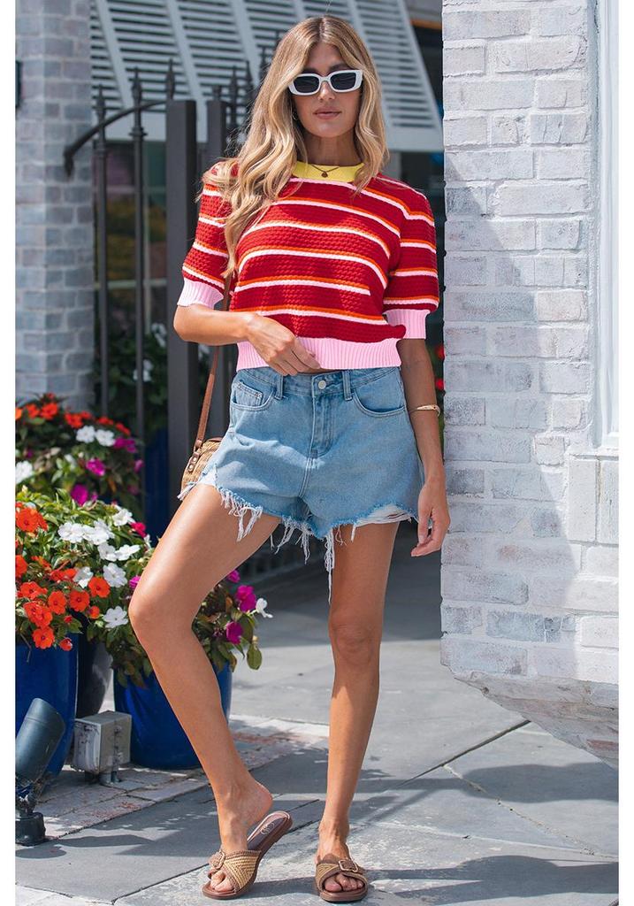 Women's Casual Striped Patchwork Short Sleeve Round Neck Sweater