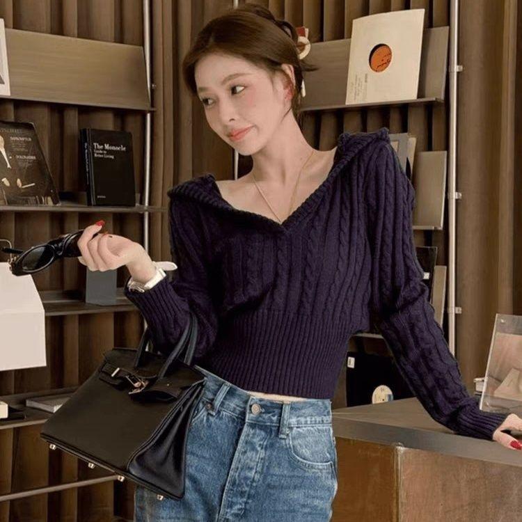 Women's Autumn Korean Style Casual Lazy Temperament Pullover Sweater Cable Knit Fashion Short Top