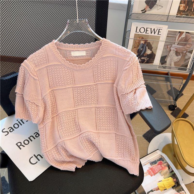 

High Sense of French трикотажная рубашка с короткими рукавами, женская летняя мода, повседневные однотонные топы с баской в ​​шахматном порядке, шикарные топы на подкладке 2XL розовый