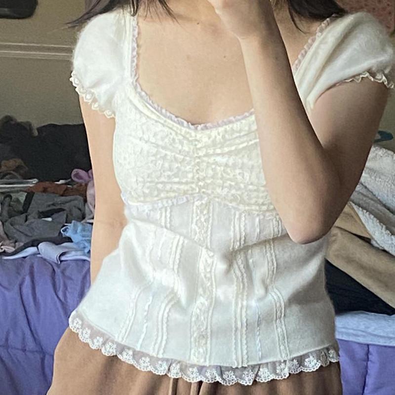 Lace Frill Crop Top Cream Color Vintage Square Collar Puff Sleeve T-shirt Y2K Aesthetic Grunge Women Sweet Tees
