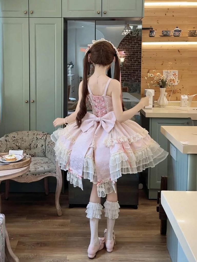 Dreamy Cute Lolita JSK Jumper Skirt with Ribbon and Fluffy Gothic Lolita Mori Girl Idol Dress Size M [XHSUKADO] Lace, Women's One-Piece Dress, Dress,