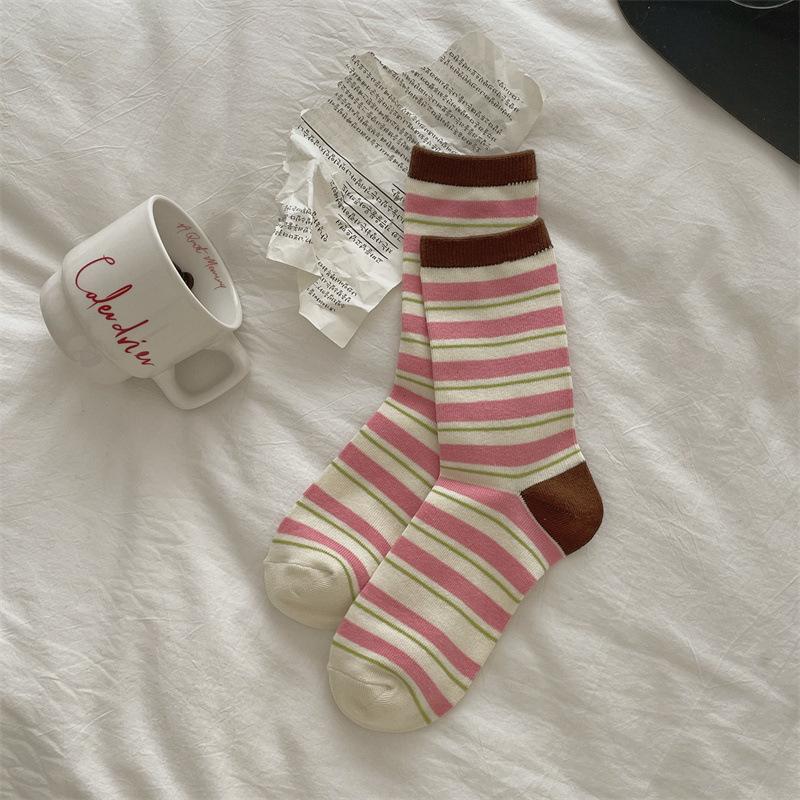 Korean Contrasting Striped Rolled Socks Are Simple And Sweet, Retro Preppy Style Versatile Mid-Leg Socks Are Thin In All Seasons