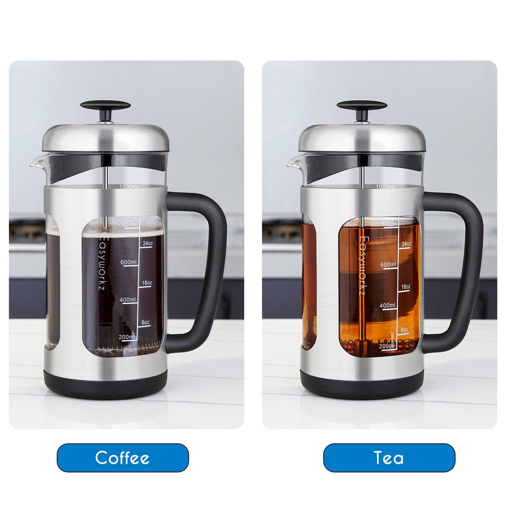 French Press Kávovar Borosilikátové Sklo, Rukojeť s Měkkým Úchopem a Nerezový Filtr, pro Kávu Čaj Vaření