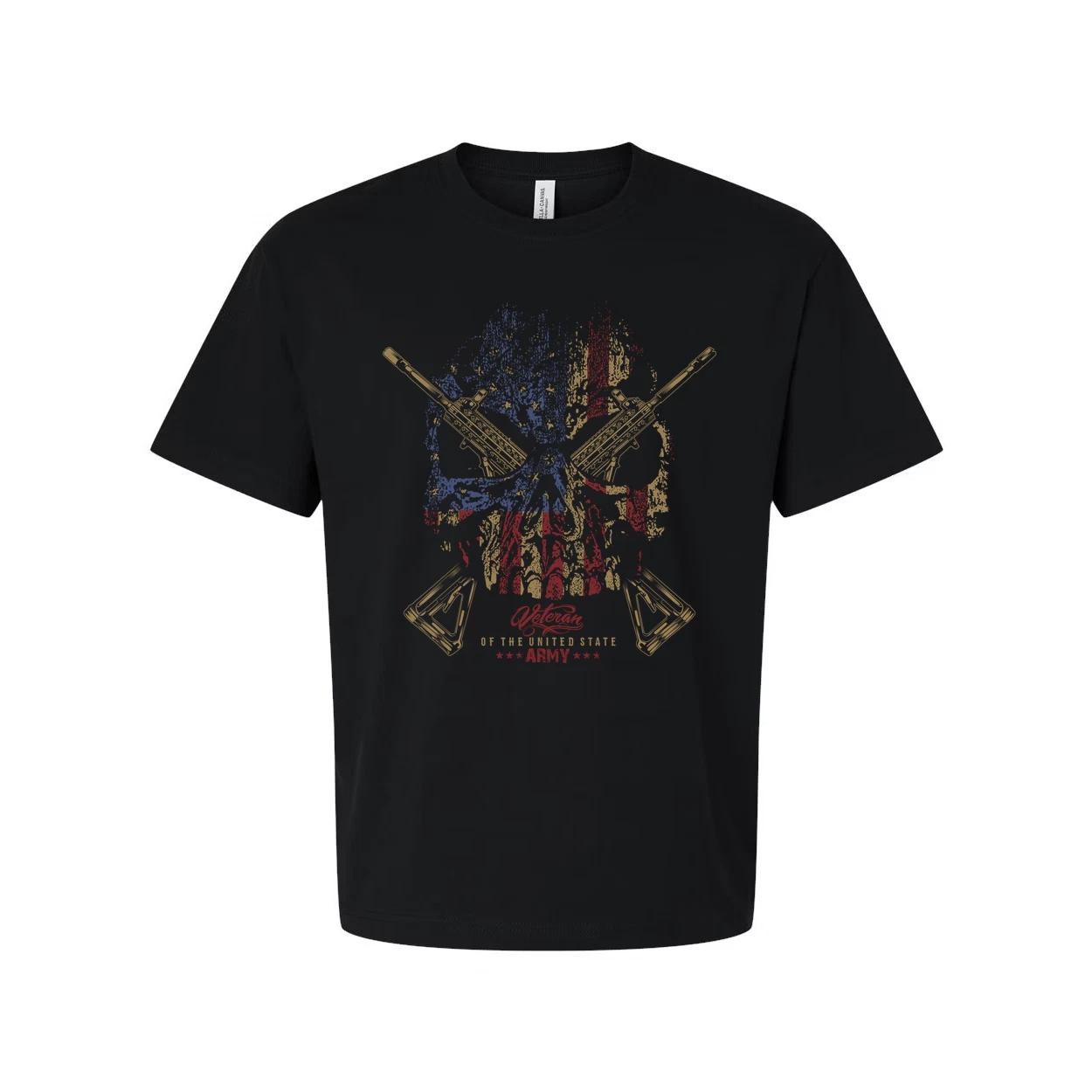 

Veteran Flag Skull Graphic T Shirt With Crossed Rifles And Army Emblem Vintage D 4XL