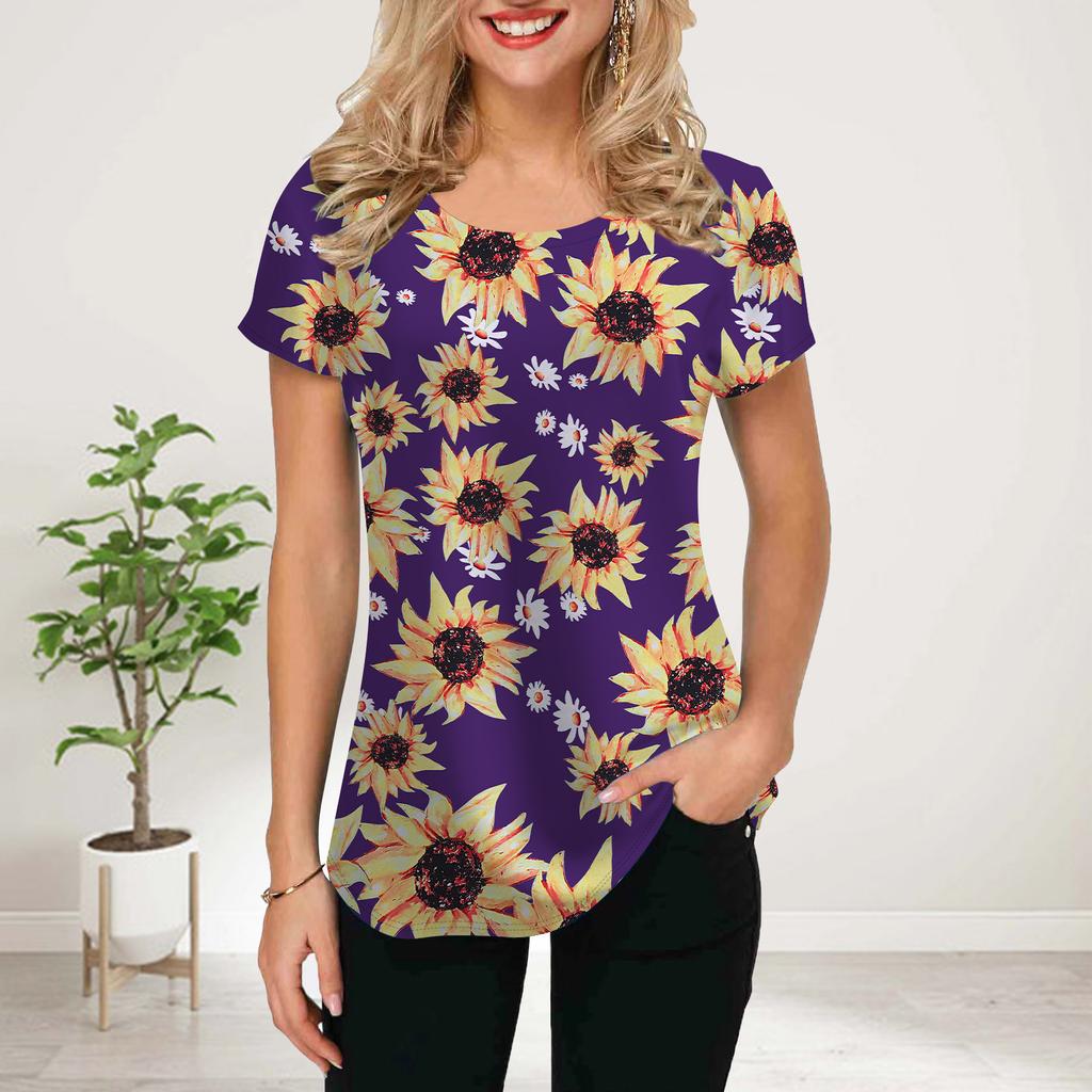 Women Summer T Shirt Yellow Chrysanthemum Print Short Sleeve Tees Casual Printed Tops