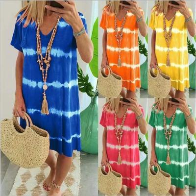 Women's Loose Fitting Dress V Neck Tie Dyed Short Sleeve Dress Daily Casual Beach