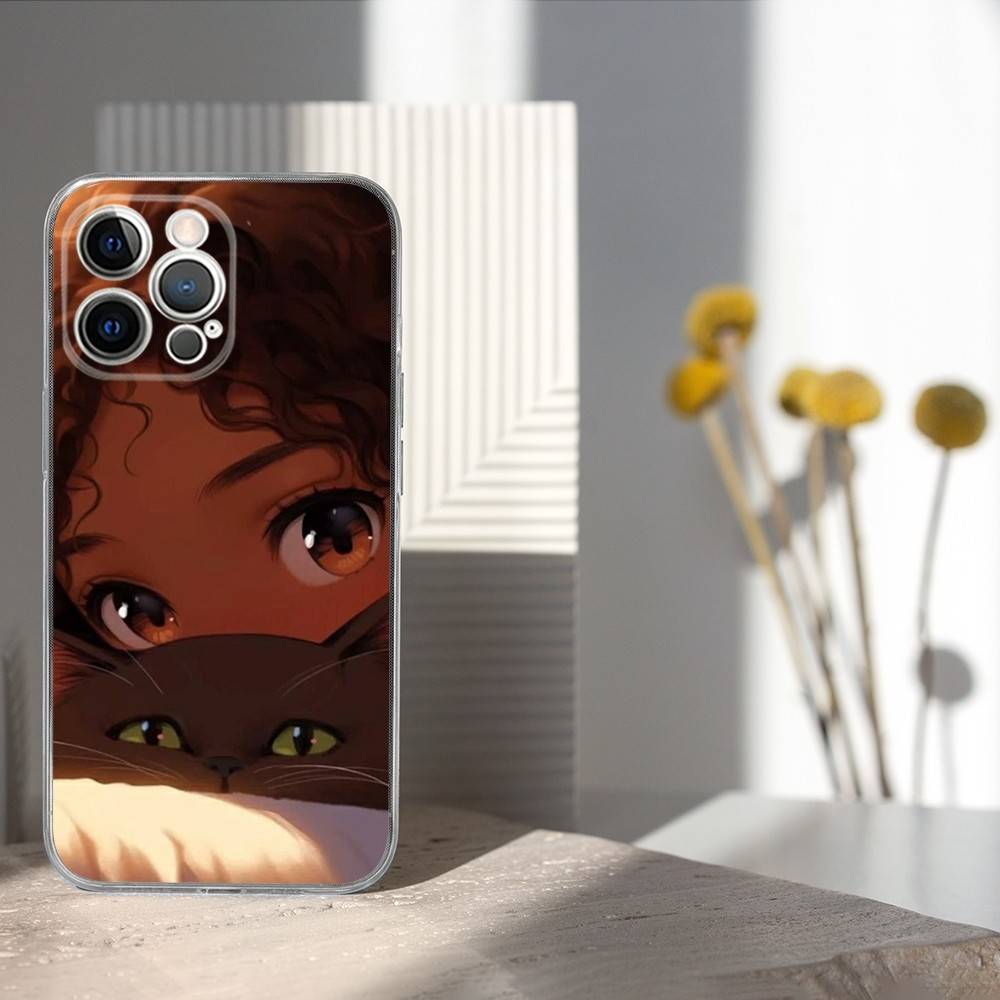 Afro Black Girl Cute Cartoon Phone Case For iPhone 17,16,15,14,13,12,11 Pro,Max,Plus,X,XS,XR,SE4,E Mini Transparent Soft Cover