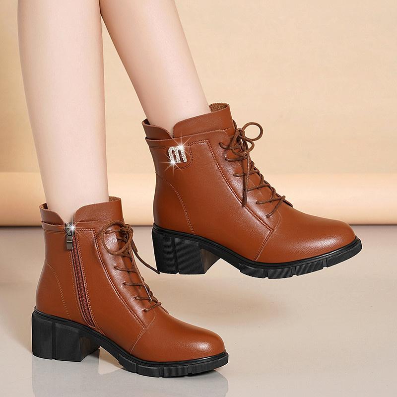 

Модные удобные высококачественные мягкие кожаные ботинки на молнии для женщин 2024 года, зимние ботинки на шнуровке, толстые каблуки, бархатные нескользящие ботинки из хлопка 36(Foot23cm)