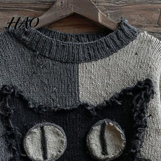 Layering Sweatshirt Halloween Gruseliges Gesicht Pullover für Damen Patchwork Print Strick Frühling Herbst Winter Oberteil Langarm Rundhals Genäht Herbst Outfit