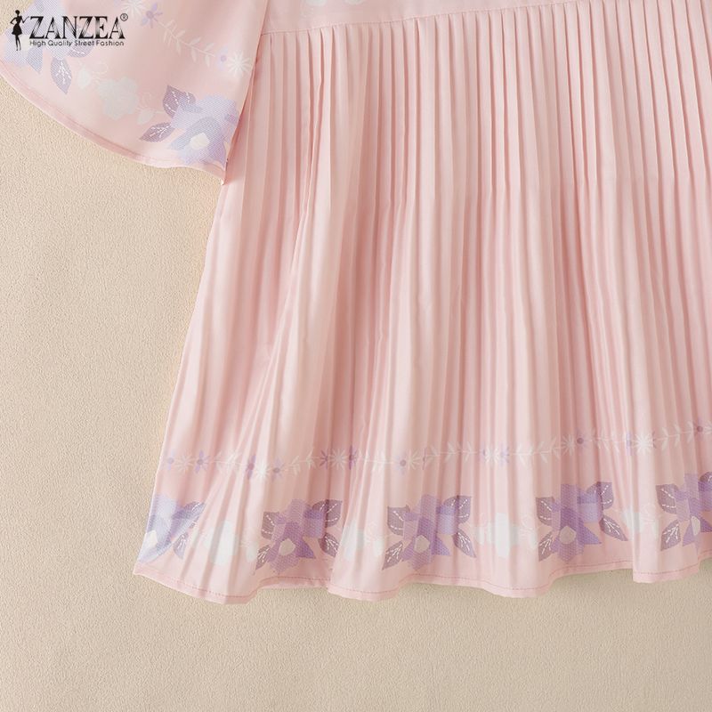 ZANZEA Women Casual Round Neck Floral Print Loose Short Sleeve Pleated Blouse