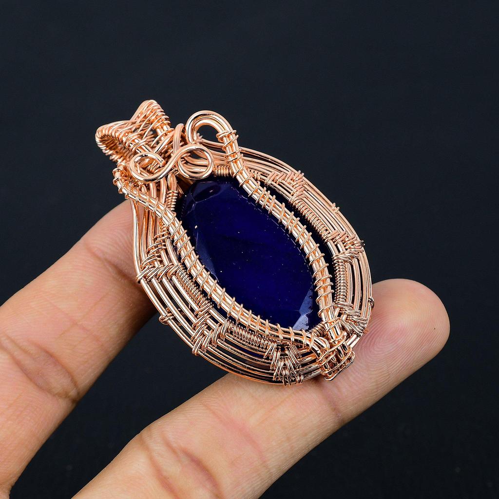 Blue Sapphire Pendant, Handmade Gemstone Pendant, 999 Copper Wire Wrapped Pendant Antique Jewelry, For Engagement Gift