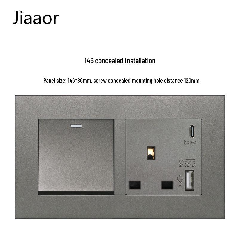 Grey British Standard Double Gang Switch Socket with USB & Type C - Hong Kong/Macau Compatible, Concealed 86 Type
