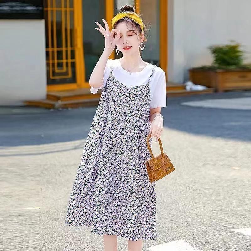 Maternity Clothes New Dress Floral Zou Ju Spring and Summer Thin Fake Two Loose Large Size Medium and Long T-shirt Skirt