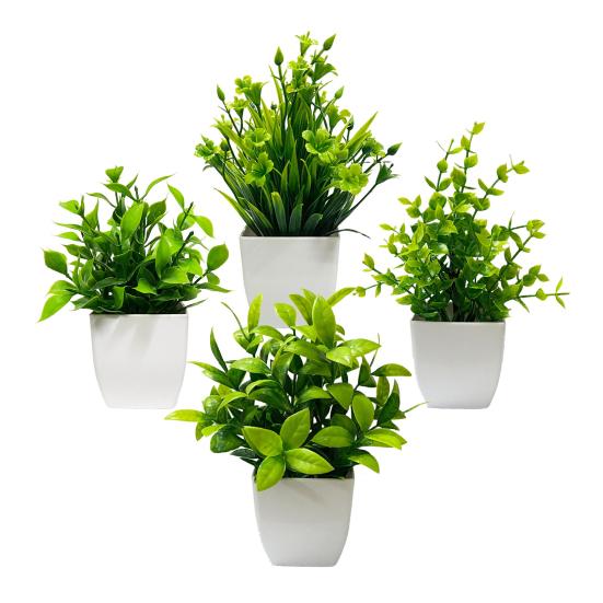 4 Stück Mini künstliche grüne Topfpflanzen, kleine Fake-Pflanzen mit Topf für Zuhause, Büro, Indoor, Tisch, Regal, Bauernhaus, Badezimmer Dekoration
