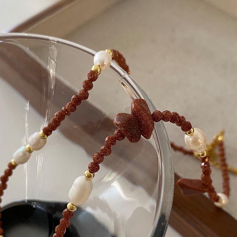 Ethnic Style Freshwater Pearl Necklace with Gold Sandstone Beads - High-End Sweater Chain Jewelry