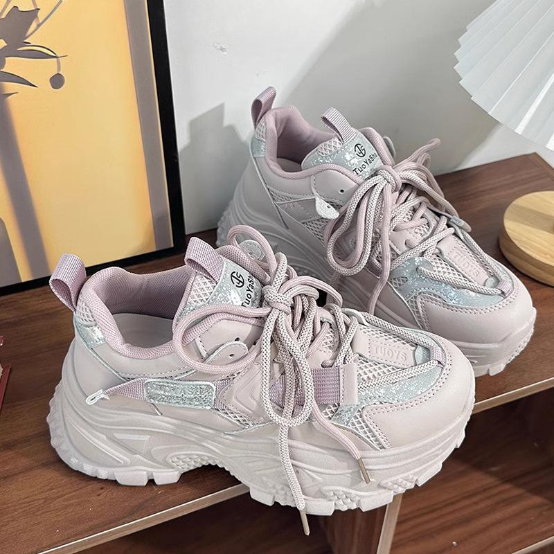 Leather Dad Shoes Women's Shoes Spring and Summer New Mesh Breathable Thick Sole Heightening Casual Sports Shoes