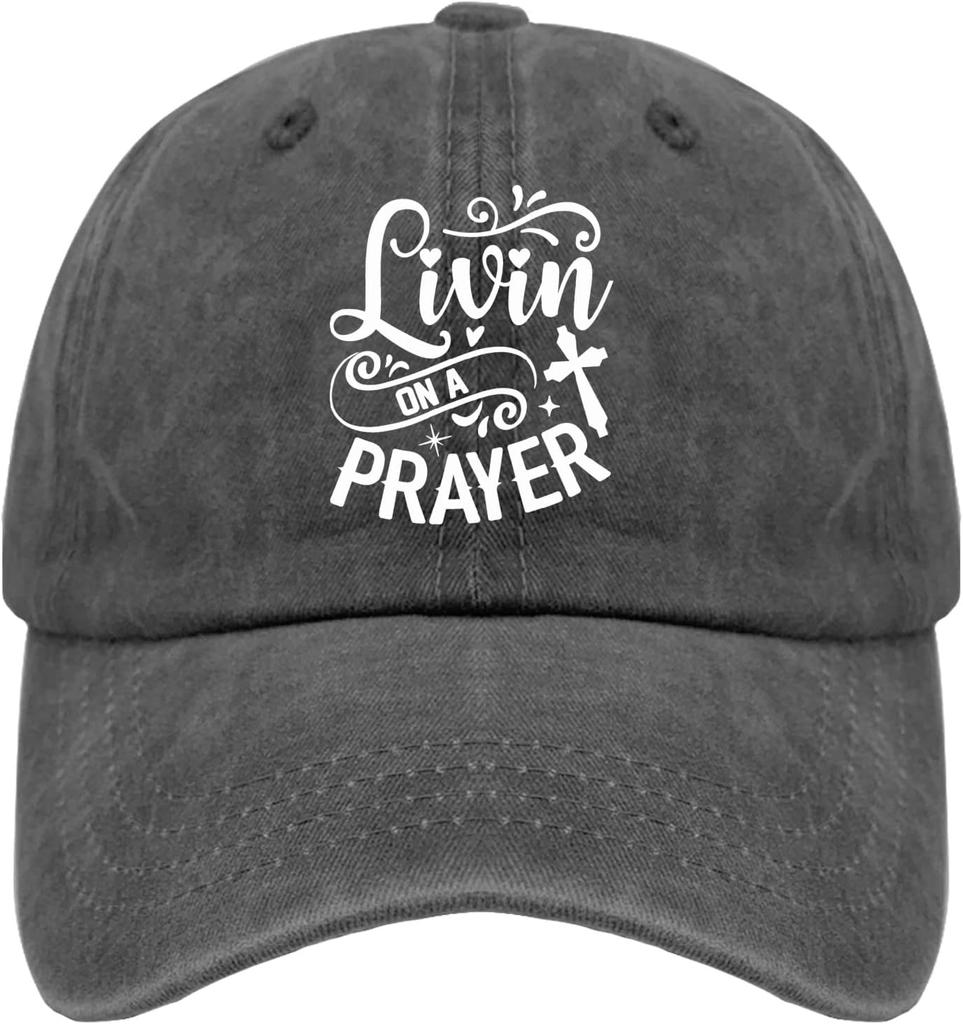 Livin On A Prayer Baseball Cap Christian Quote Distressed Dad Hat Casual Unisex Adjustable Headwear