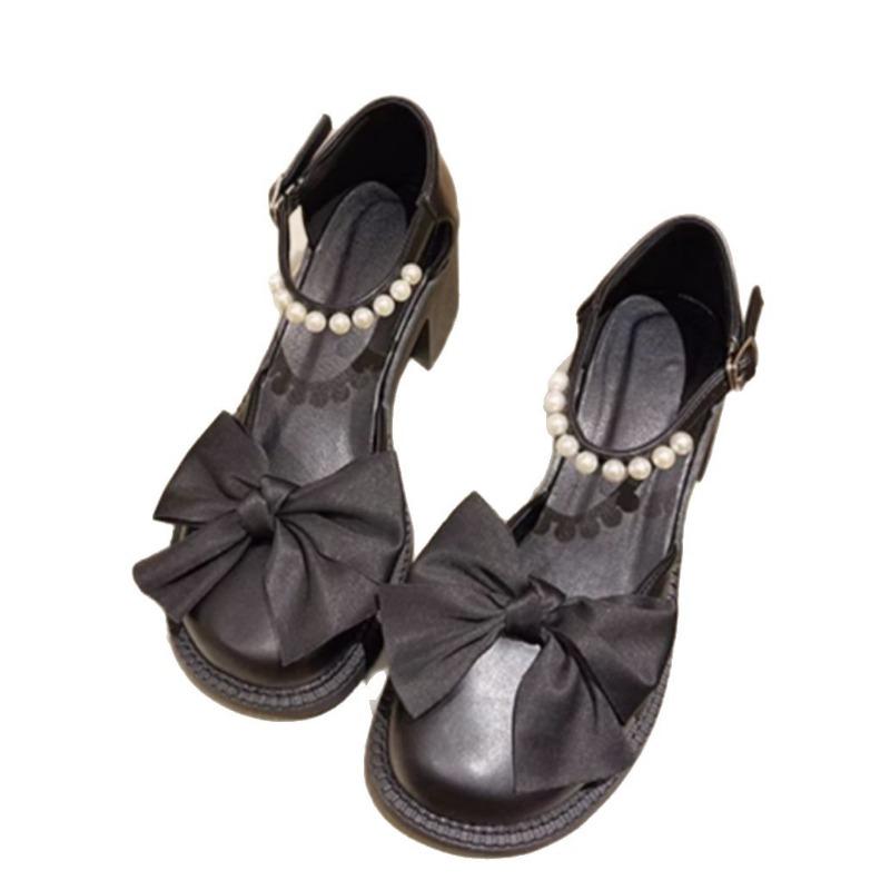 Mary Jane High Heels Women's Summer New Pearl Bow Thick Heel Non-slip Versatile Small Leather Shoes Bridesmaid Shoes