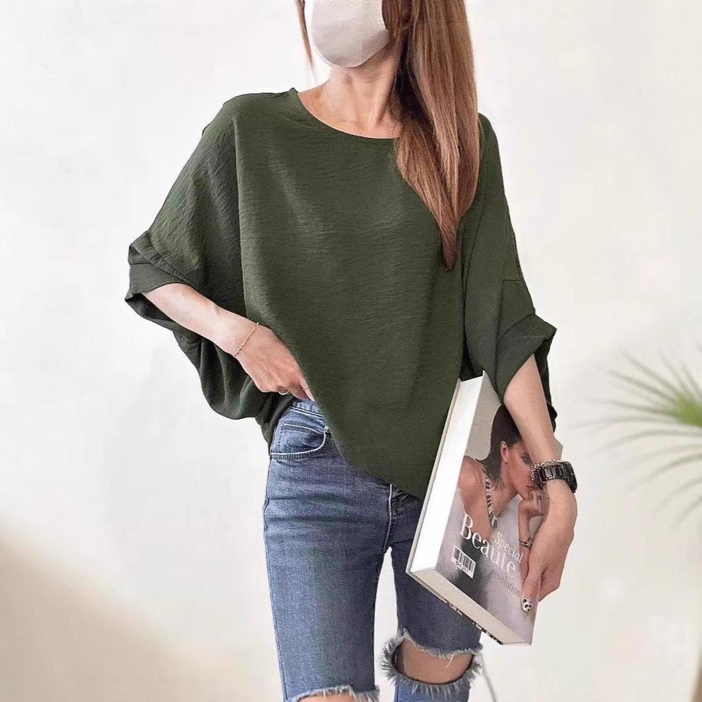 2025 Ice Silk Pleated Batwing Sleeve Plus Size Women's Top - Casual and Trendy