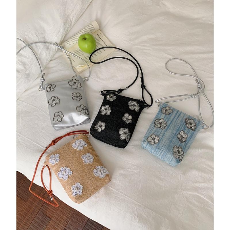 Sequin Embroidery Flower Denim Small Bag, Women's Versatile Phone Bag, Single Shoulder Crossbody Bag, Children's Bag