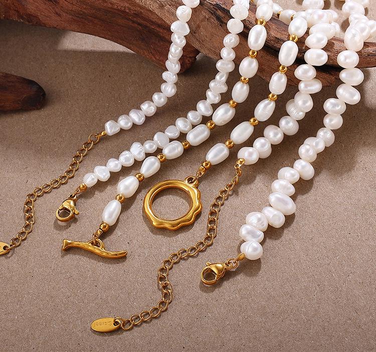Elegant Pearl and Stainless Steel Beach-Style Necklace & Bracelet Set for Women