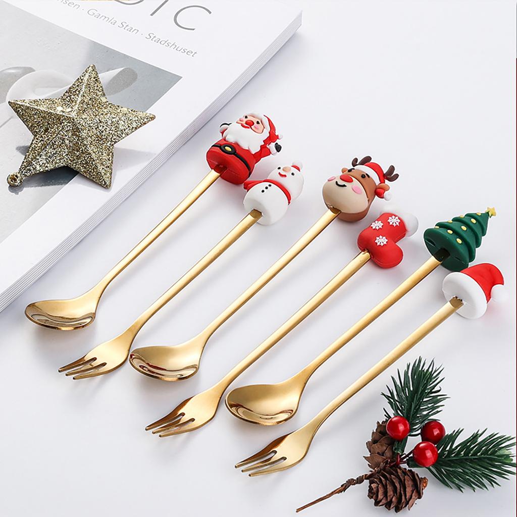 2Pcs Christmas Theme Dinnerware Set with Gift Box Elk Deer Christmas Hat Tree Fork Spoon Cutlery Set Stainless Steel Tableware