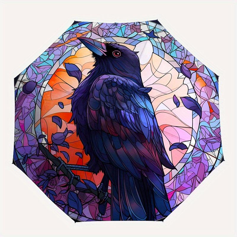 Buntglas Rabe Wandkunst: Lebendige Vogeldekoration für jeden RaumRegenschirm, Tragbarer 3-fach Kompakter Regenschirm, Weihnachtsgeschenk ES610
