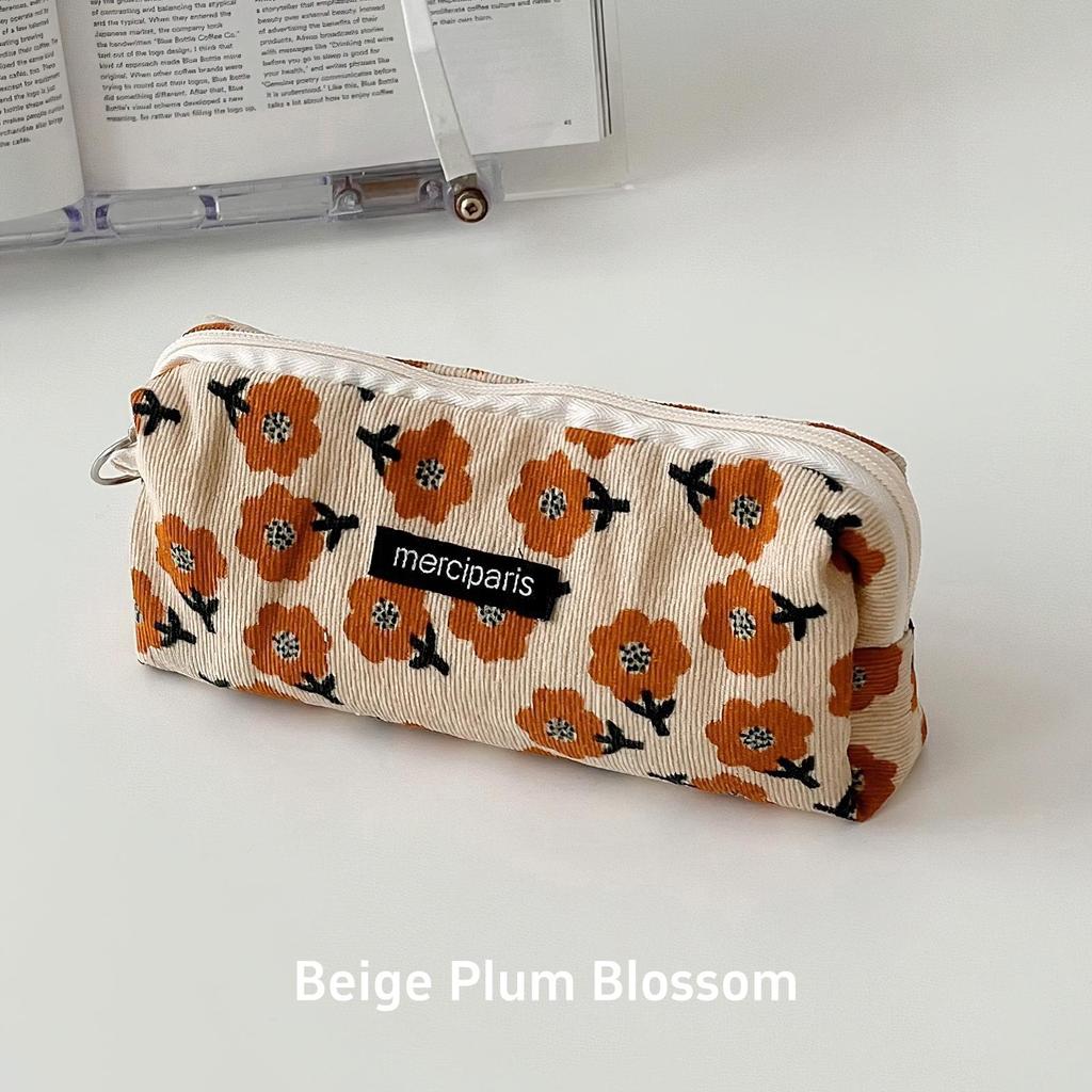 1pcs Corduroy Pencil Bag Pen Case Vintage Flower Grid Artistic Style Student Bag Unique Stationery Storage Pouch School