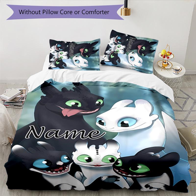 3pcs Toothless Cover Set - Personalized Name, HD Printed Bedding with 1 Cover and 2 Pillowcases - Perfect for Home Decor, Easy Care