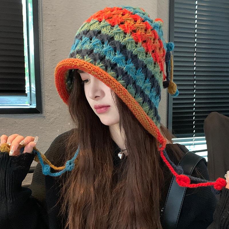 Fashion designer handmade crochet colored ball wool hat women's autumn and winter ear protection pullover knitted hat