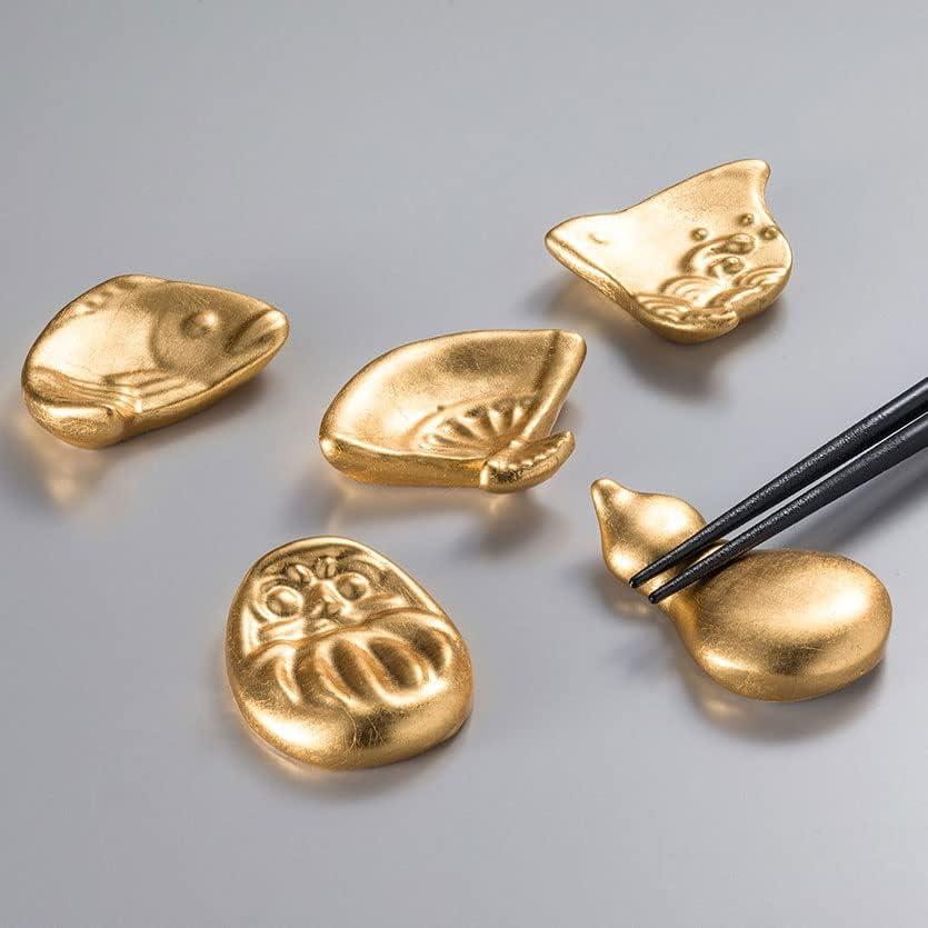 Hakuichi Japanese Washi Paper Wrapped Lucky Charm Chopstick Rests - Daruma, Fan, Gourd, Wave & Chirping Birds, Sea Bream - Set of 5 In Wooden Box -