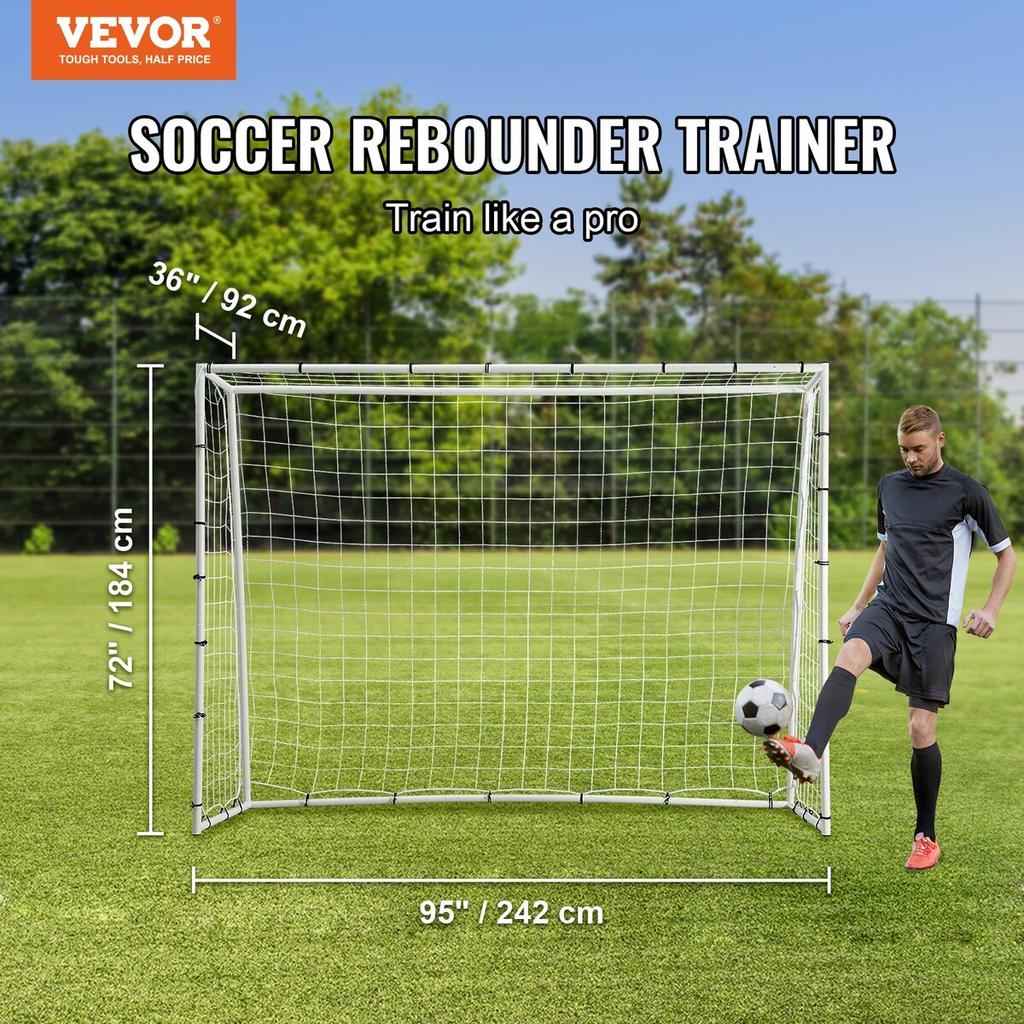 Soccer Rebound Trainer, 8x6FT Iron Soccer Training Equipment, Sports Football Rebounder Wall with Double-Sided Rebounding Net & Goal, Perfect for