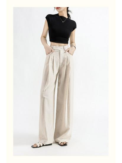 Women's High-Waisted Wide-Leg Linen Pants - Summer 2026 Collection, Loose Fit, Tencel Cotton Blend, Floor-Length